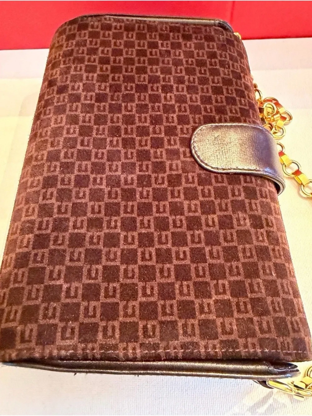 Gucci Dark Brown Suede Velvet GG Monogram Chain Shoulder Bag with Gold Hardware